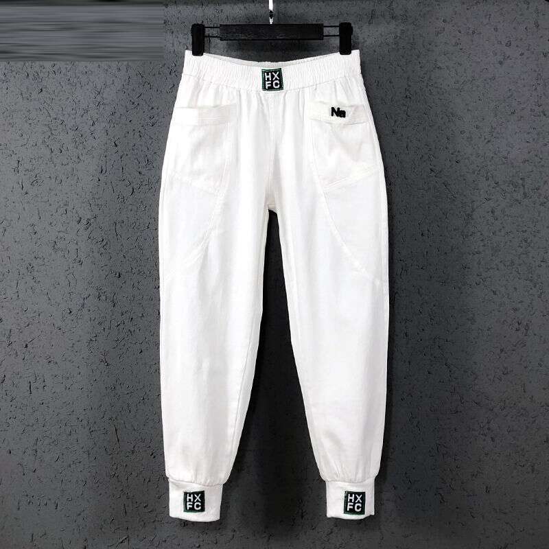 Summer Korea Fashion Women Elastic Waist Loose White Jeans All-matched Casual Cotton Denim Harem Pants S982 1
