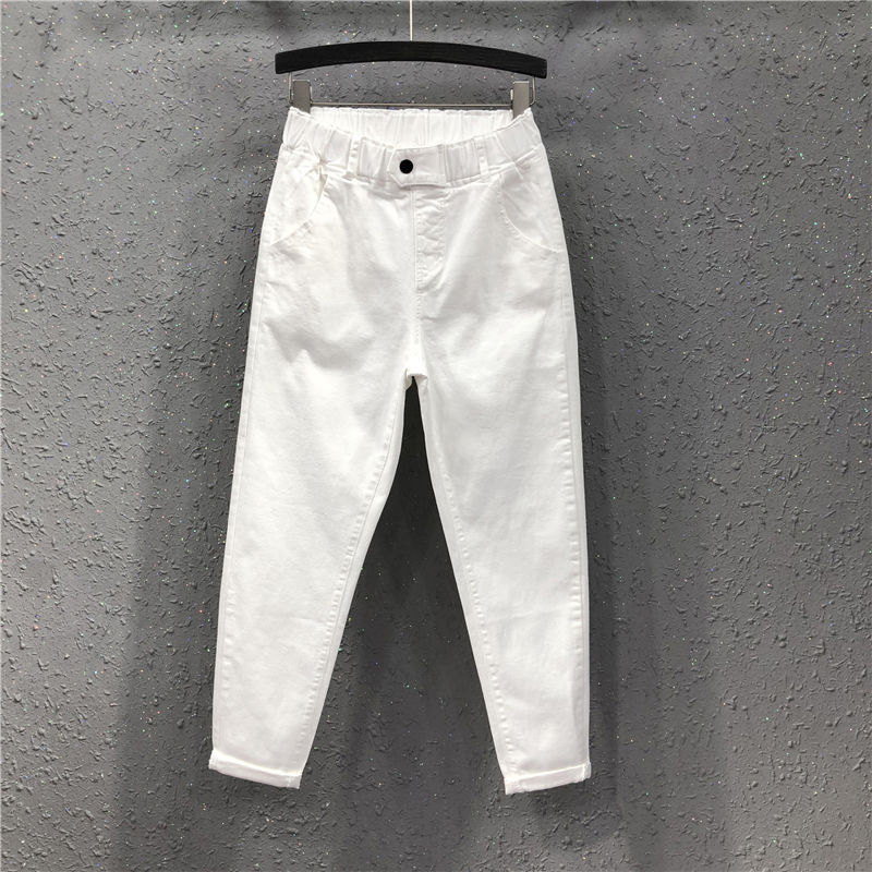 New Arrival Summer Women Harem Pants All-matched Casual Cotton Denim Pants Elastic Waist 6XL Size Yellow White Jeans D321 2
