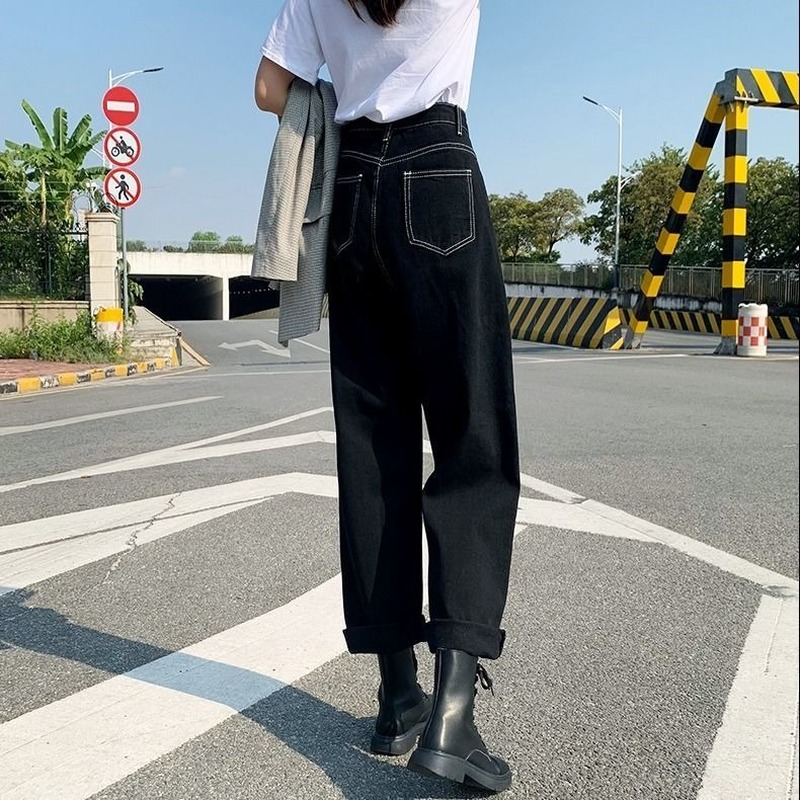 Jeans Women All-match Korean Style Mopping Trousers Denim Vintage Black Solid High Waist Autumn Baggy Chic Ulzzang Street Casual 6