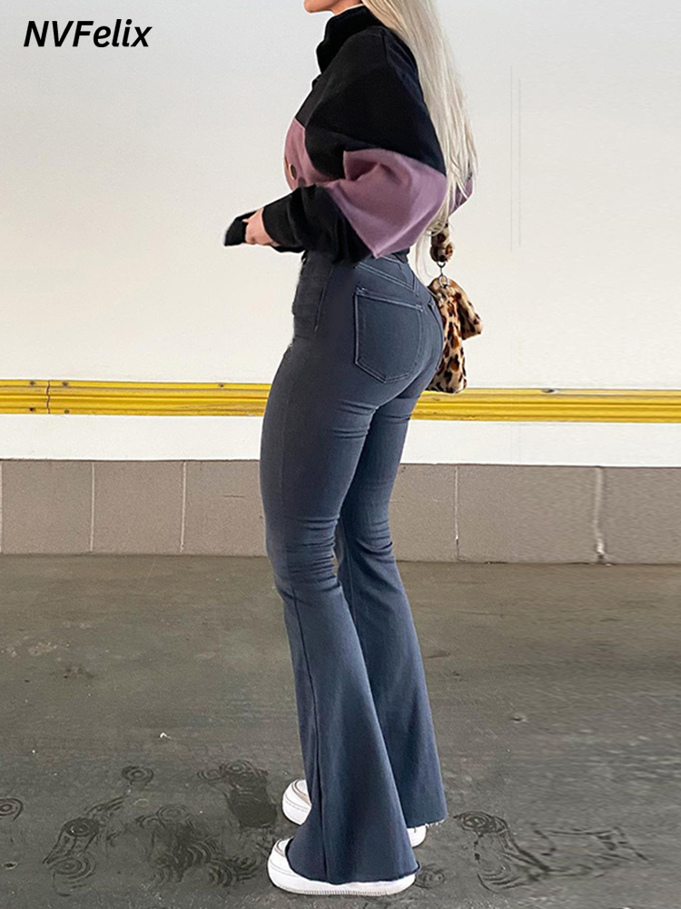 Flare Wide Leg Jeans Women Elastic High Waist Skinny Mom Denim Pants 2021 Fashion Oversize Casual Winter Trousers Streetwear New 4