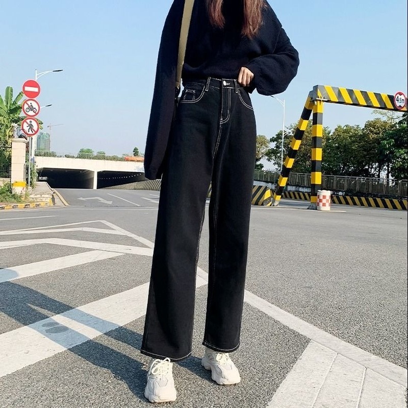 Jeans Women All-match Korean Style Mopping Trousers Denim Vintage Black Solid High Waist Autumn Baggy Chic Ulzzang Street Casual 2